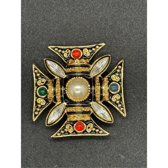 Fabulous Vintage 1980s? Gold And Black Gripoix Maltese Cross Classic Statement B - Picture 2 of 4